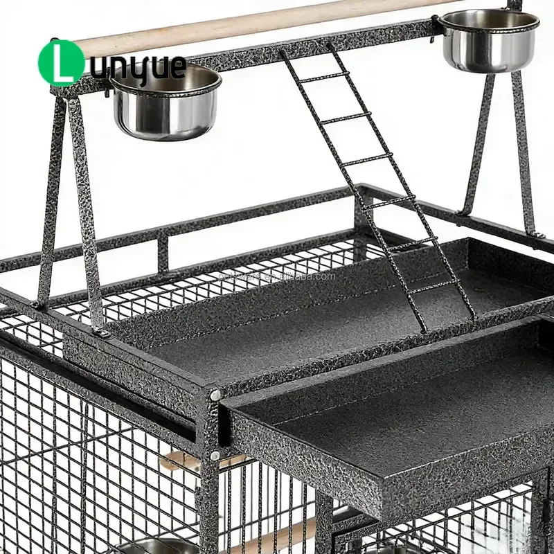 Large Wrought Iron Parrot Cage with Game Ceiling and Rolling Stand Durable Bird House for Indoor Outdoor Pet Bird Keeping