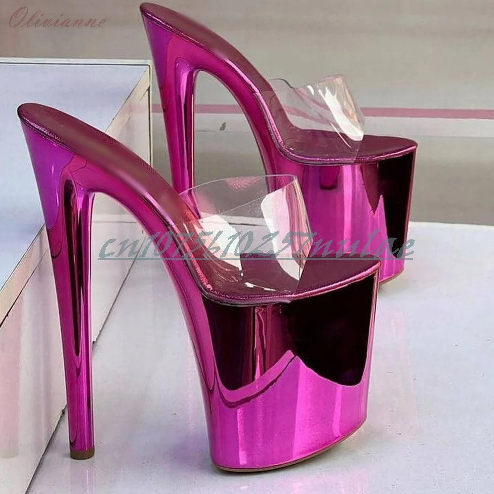 Rose Red Shiny Leather Dance Slippers Clear PVC Peep Toe Stiletto High Heels Shoes for Women Fashion Pole Dance Shoes Sexy New