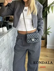 KONDALA Casual Chic Gray Striped Women Suit O Neck Blazer Straight Loose Pants New Fashion 2024 Autumn Winter Office Lady  Sets