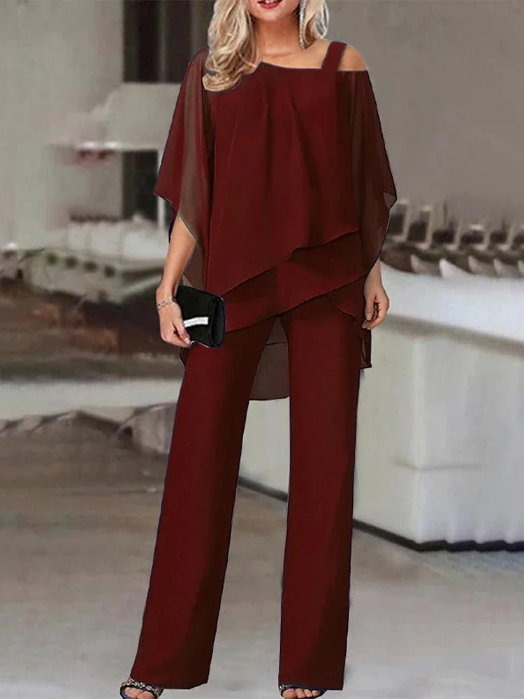 New Matching Collection Fashion Women\'s Bat Sleeve Top Casual Off Shoulder Party Elegant Wide Leg Pants Women\'s Two Piece Set