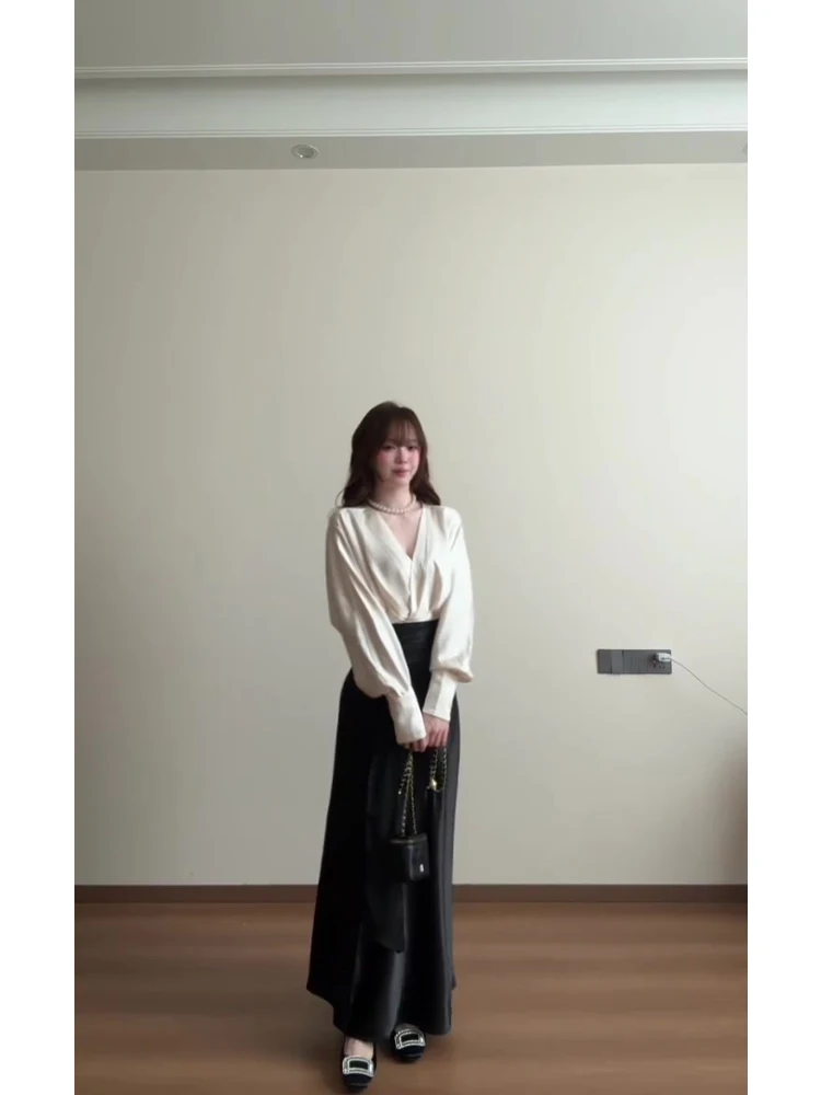 Slimming High Waist V-Neck Long Sleeve Shirt And Skirt Set Women's Fashion Autumn Collection MARIE.  Brand French Style