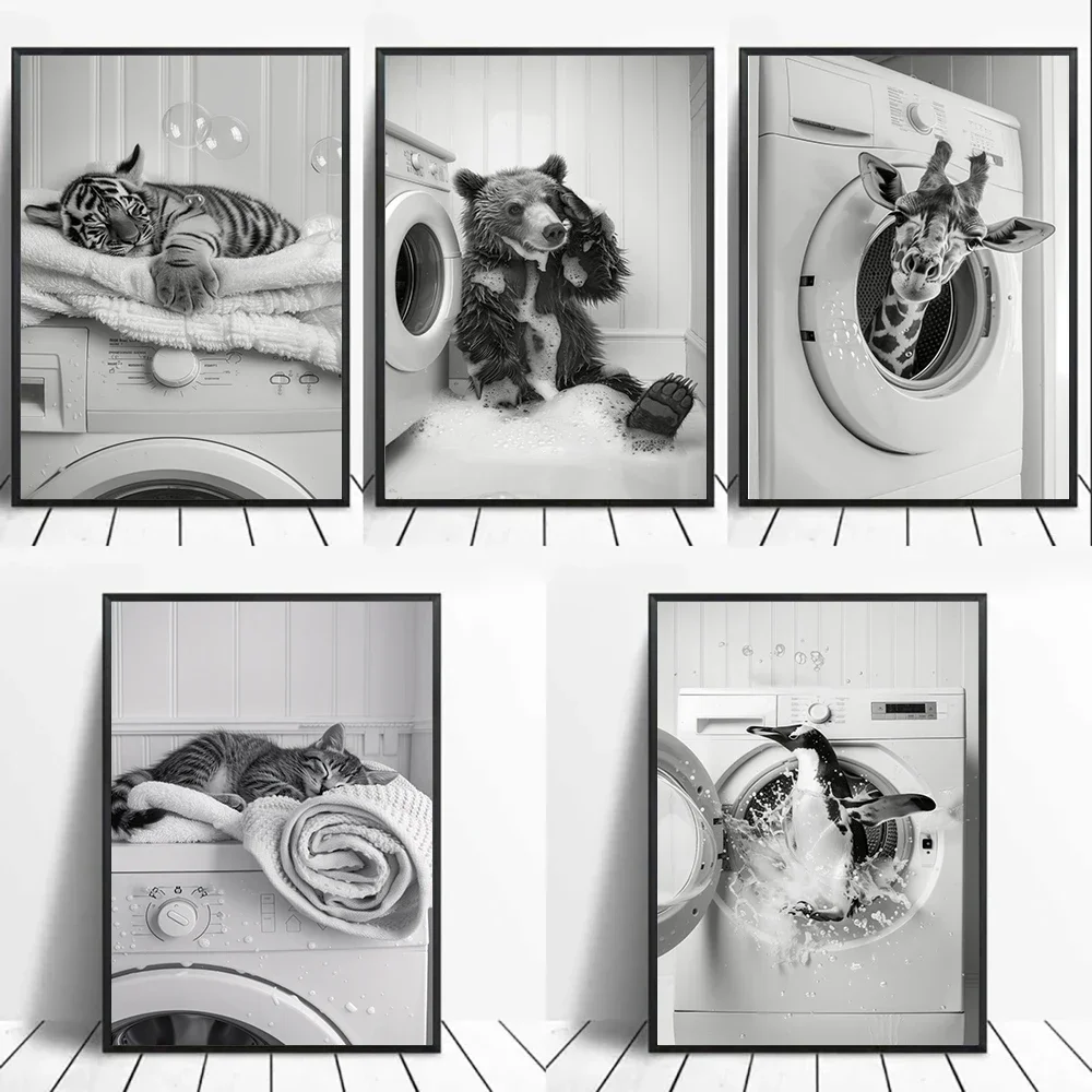 1PCS frameless Cute Giraffe Penguin Tiger in Washing Machine Poster Laundry Room Decor Picture Funny Laundry Wall Art Utility Ro
