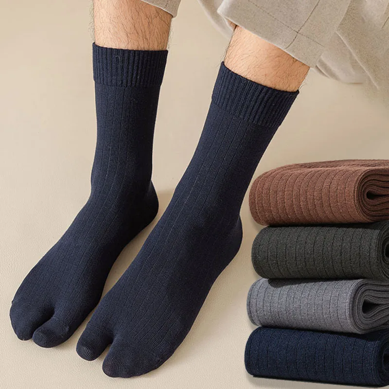 Męskie skarpetki z 2 palcami Flip Flop Sandal 2 Toe Middle Tube Socks Solid Color Striped Split Toe Socks Business Casual Cotton Socks