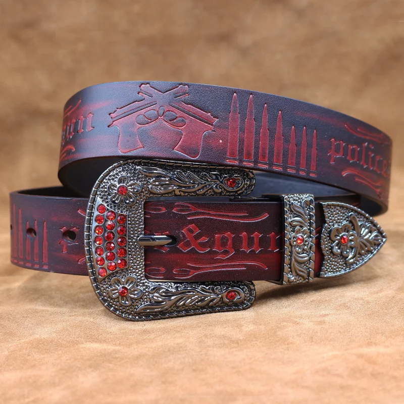 

Western Cowboy Print Embossed Leather Rhinestone Retro Pin Buckle Men Belt