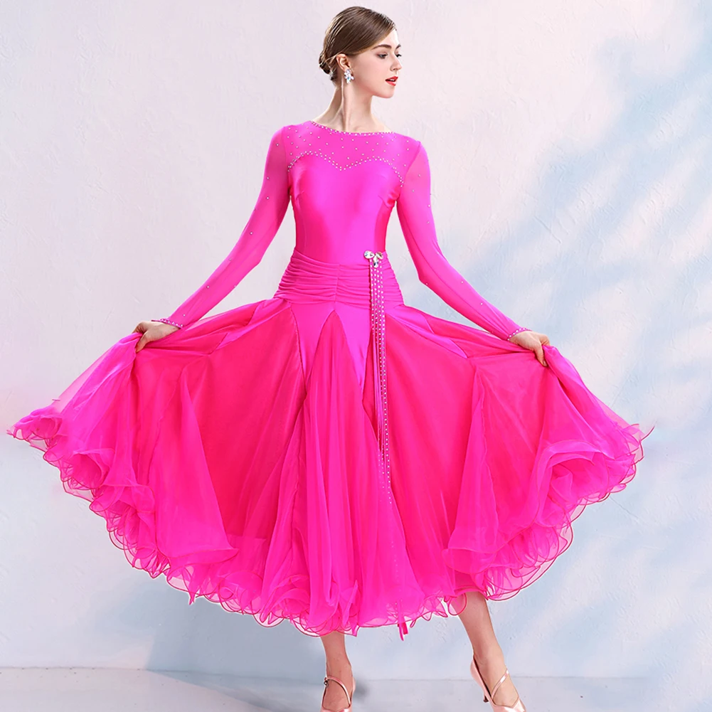 

Танцевальный костюм со стразами, стандартный женский танцевальный темно-синий, высокое качество, новое платье с длинными рукавами, красное современное платье для вальса