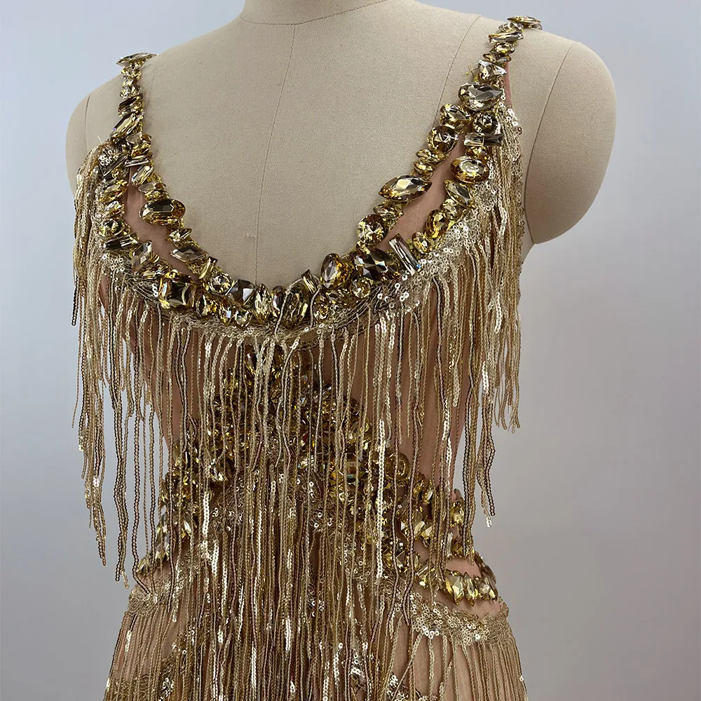 

Glittering gold rhinestone tassel jumpsuit talent show Pole Latin dance competition costume Party Rave Outfit Clubwear DragQueen