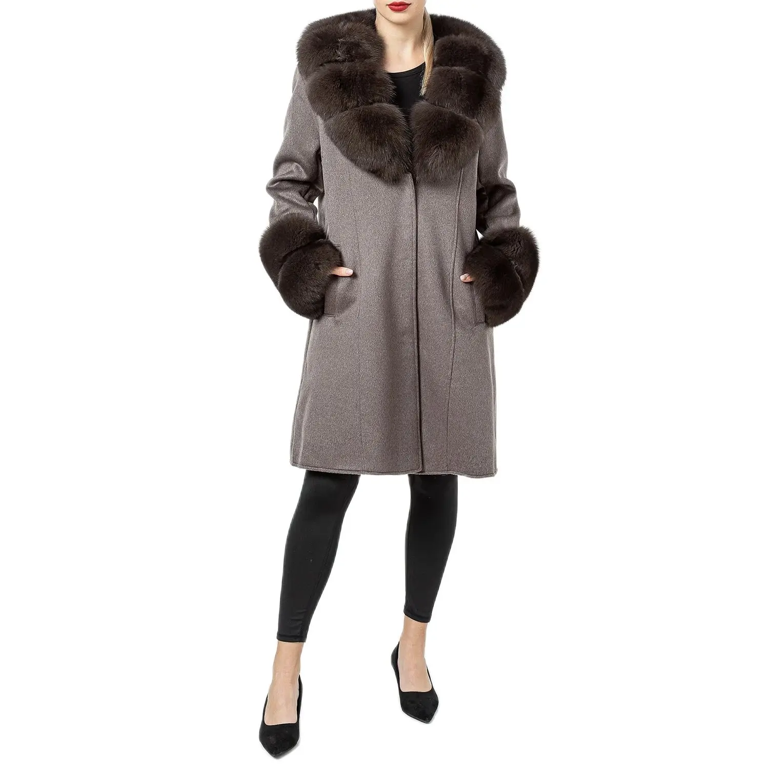 เสื้อโค้ทขนสุนัขจิ้งจอกมีปกสำหรับผู้หญิง สไตล์ยาว ขนแท้ 100% ผ้าขนสัตว์ เสื้อคลุมกันหนาว 210903