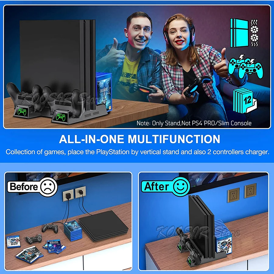 Vertical Cooling Stand For Sony Playstation 4 Slim PS4 Pro Console With 2 Dualshock 4 Controller Charge Station 12 Games Bracket