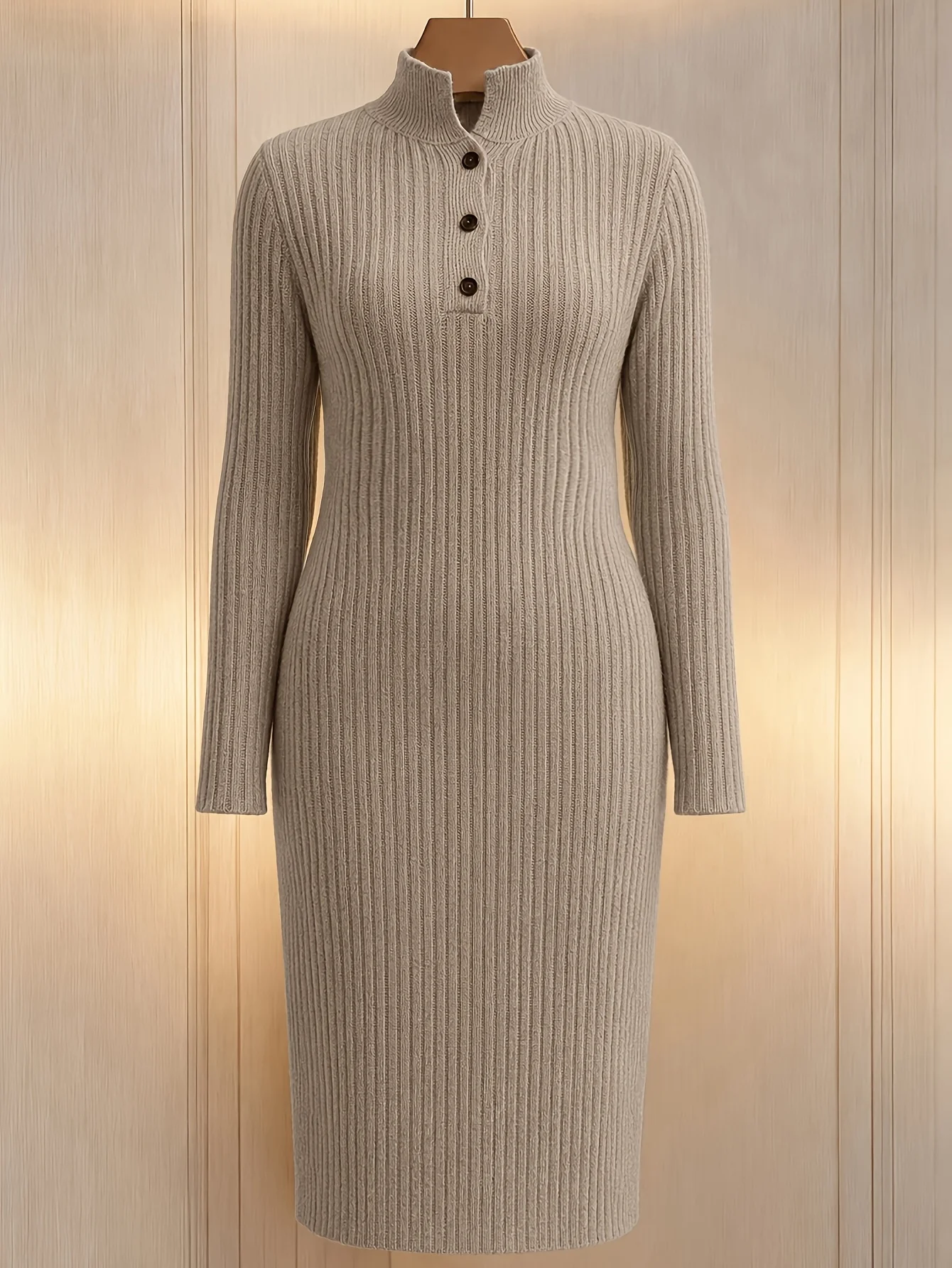 Figurbetontes, geripptes Strickkleid mit V-Ausschnitt für Damen in großen Größen, modisch, elegant und lässig, geeignet für Herbst und Winter. – Detail 4