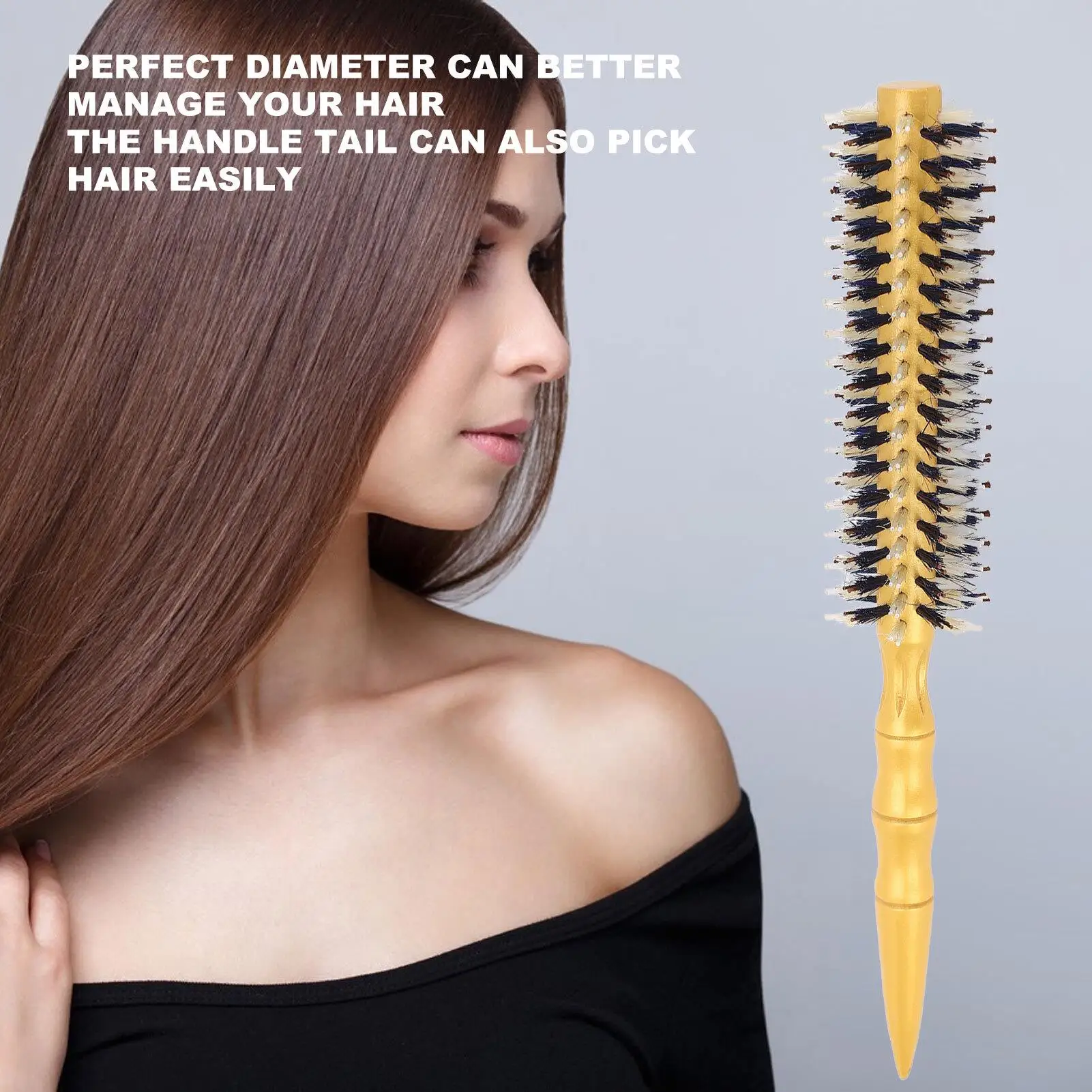 Gold Round Styling for hair Brush with Pointed Tail and Wooden Handle