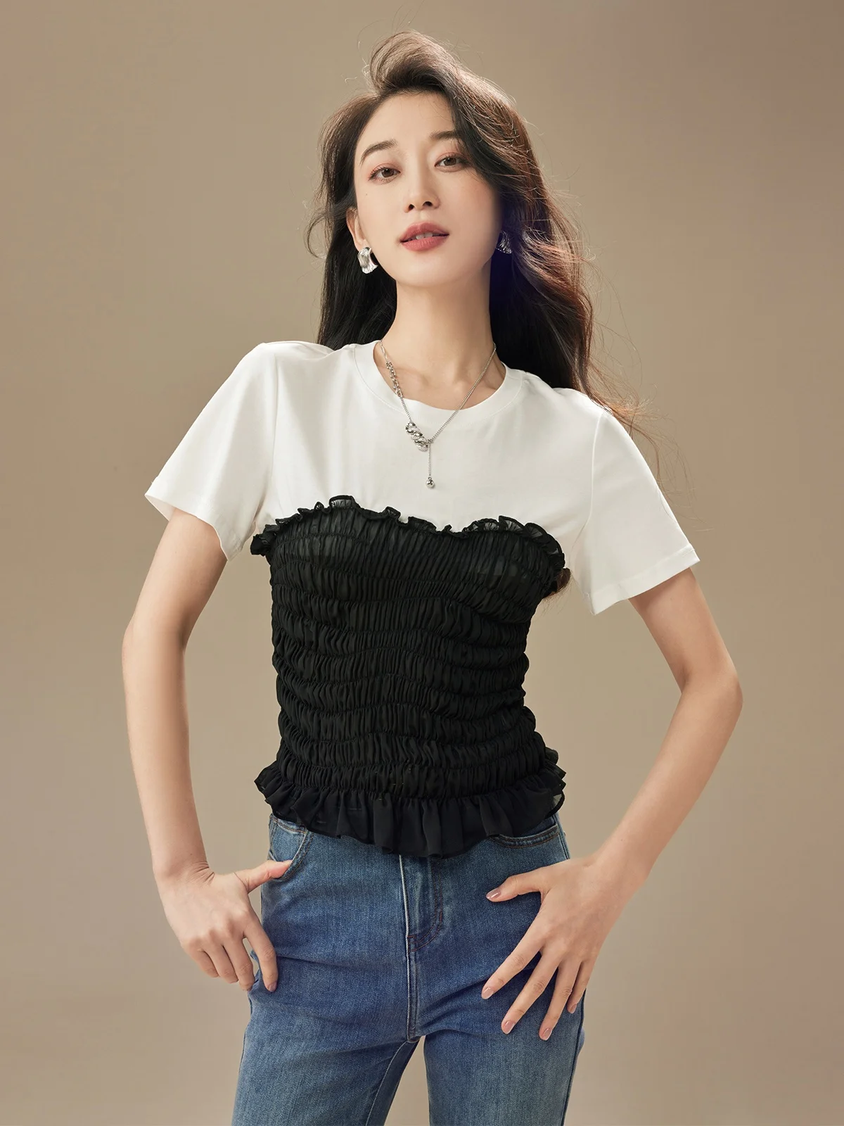 

Garbociaga Silk Modal Knitted T-irt Bunching Elastic Breathable Summer Women's round Ne ort Sve Regular Fit T-irt