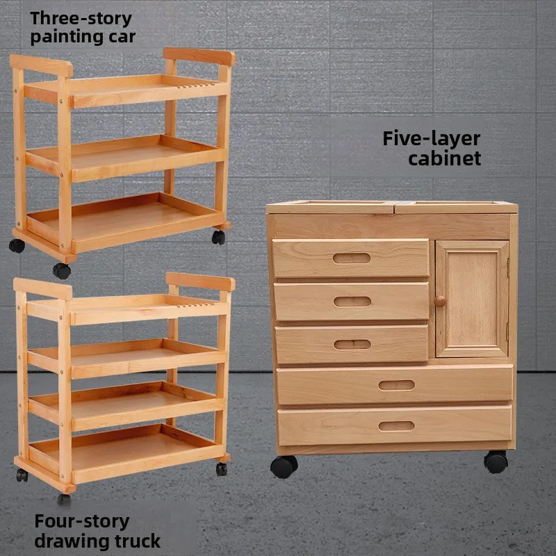 

Painting Cart Oil Painting Tools Painting Palette Paint Cart Three-layer Solid Wood Multifunctional Oil Table Mobile