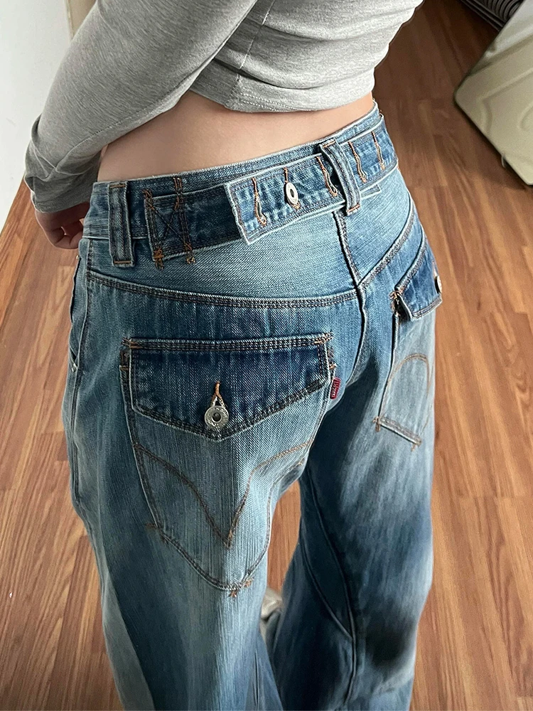 

American Style Sexy Girl Adjustable Buckle Slimming Jeans Women's Retro Wash Design Unique Pocket Floor-Length Pants