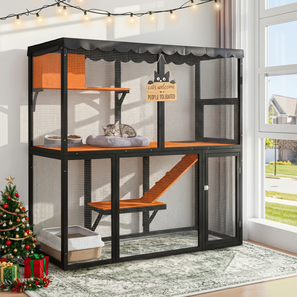 

Wooden Catio: Indoor/Outdoor 4-Tier Enclosure for Multiple Cats with Waterproof Cover & Ramp