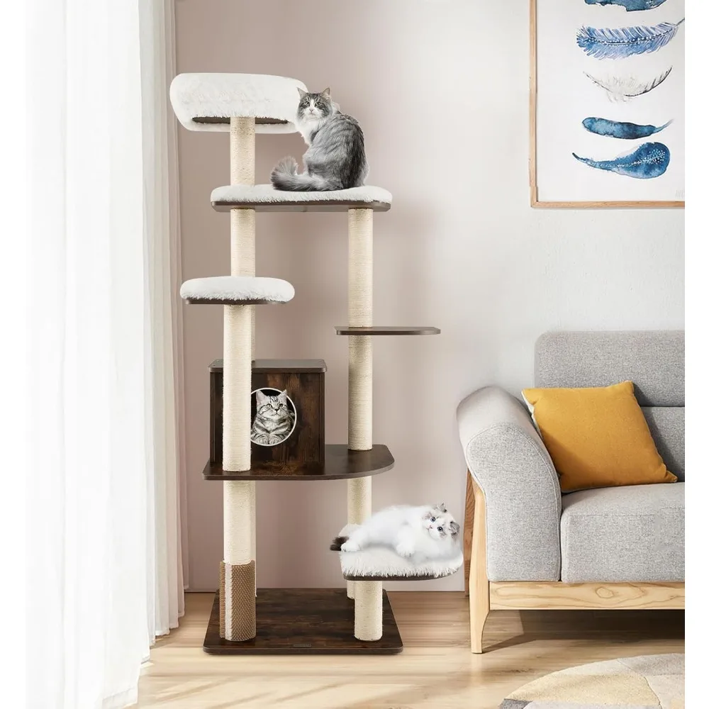 Tall Cat Tree for Indoor Cats, 71 Inches Multi-Level Modern Cat Tower with Plush Perch