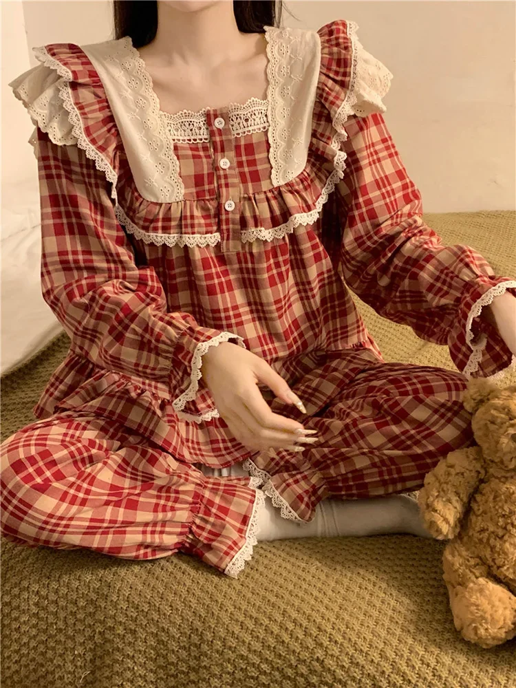 

Lace New Home Soft Loose Plaid British style Sweet Long Sleeve Pajama Set Women Girlish Princess Spring Elegant Casual E6816