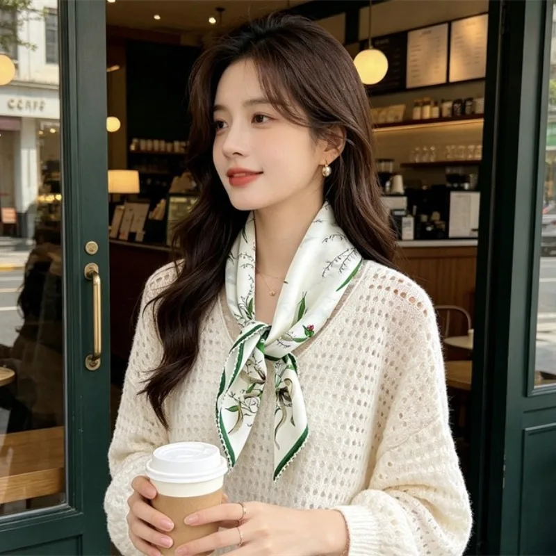 65x65CM Square Scarf 100% MULBERRY SILK Hand Drawn Lily Of The Valley Print Women French Floral Neck Scarf Handbag Band Shawl