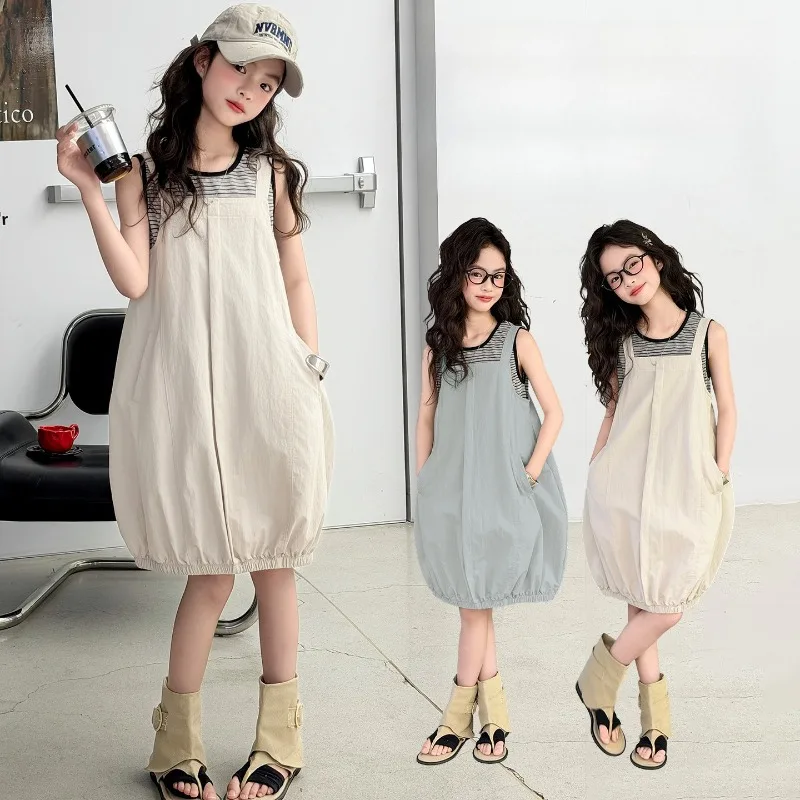 Children Clothes Girls Summer 2026 Striped Sleeveless Tank Top and Suspender Dress Minimalist Casual Loose Comfortable