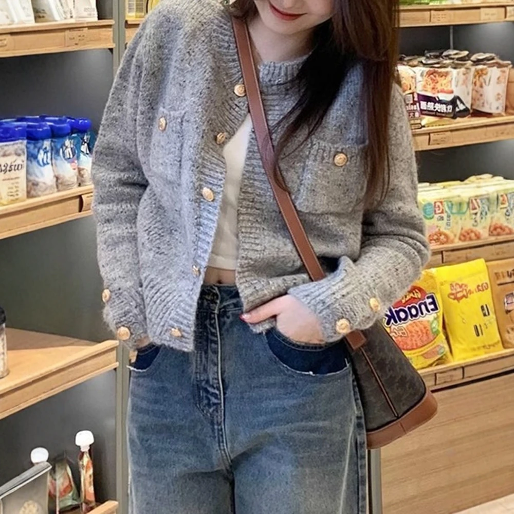여성용 긴 소매 가디건 버튼 장식이 있는 일반 오픈 프론트 라운드 넥 캐주얼 스웨터 가을 겨울 달콤한 데이트용
