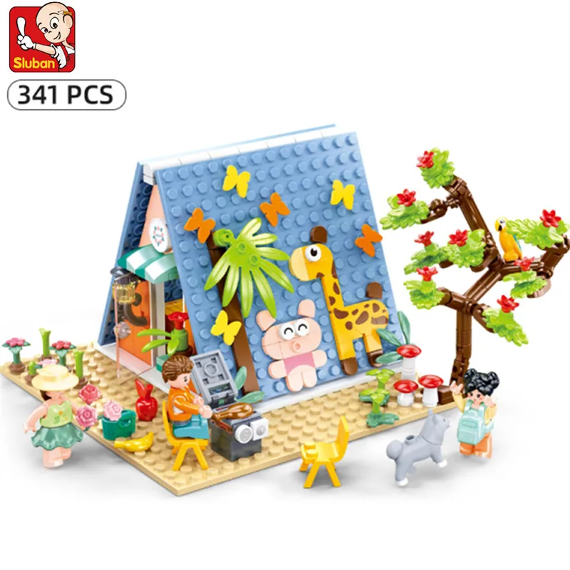 

NEW Sluban 341pcs DIY Camp Cabin Building Blocks Kit Pink Dream Model Bricks Educational Toys for Girls