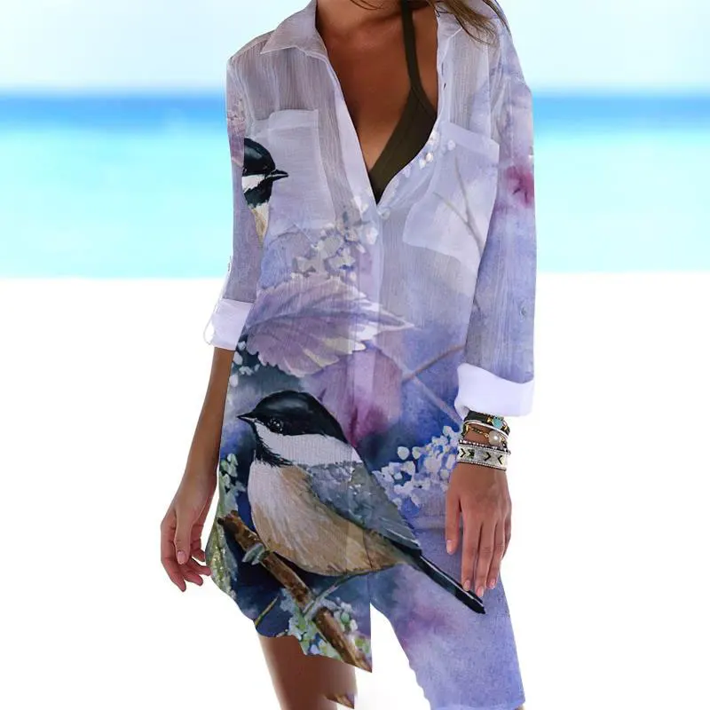 Summer New Women's Elegant 3D Print Bohemian Holiday Animal Bird Print Sunskirt Button Long Sleeve Loose Beach Shirt