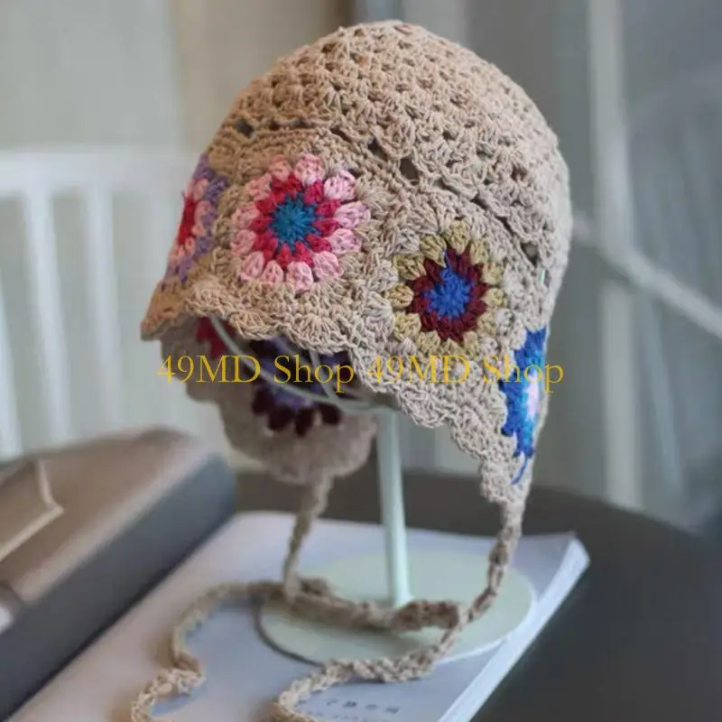 49MD Outdoor Dustproof Teens Hat with Adjustable Chin Rope Elastic Crochet Flower Hat Adult Camping Skiing Hat