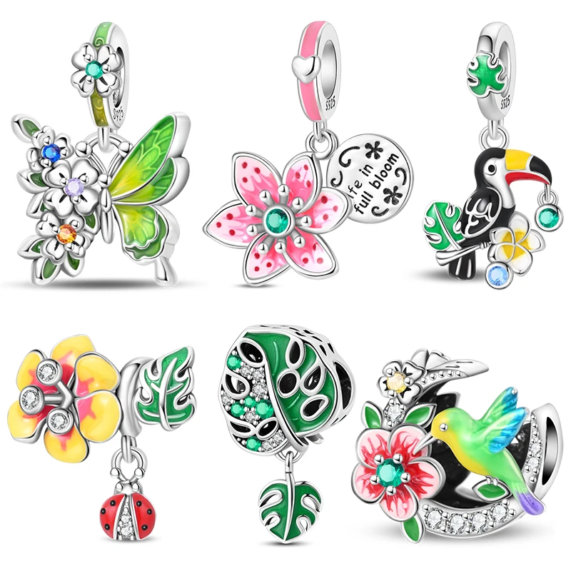 

925 Sterling Silver Flower Hummingbird and Toucan Beads Womens Original 925 Bracelets Bangles DIY Jewelry Pendant Gifts