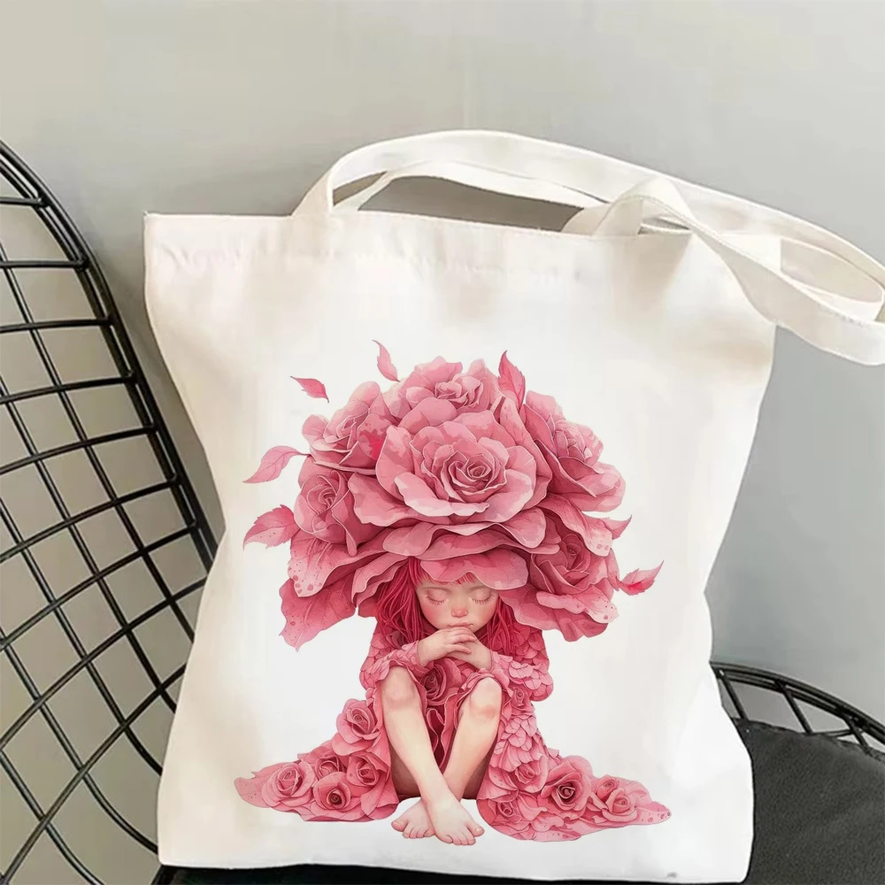 1pc Animated Floral Fantasy Canvas Bag Playful Anthropomorphic Plant Design Eco Friendly Tote for Daily Use Unique Style ﻿