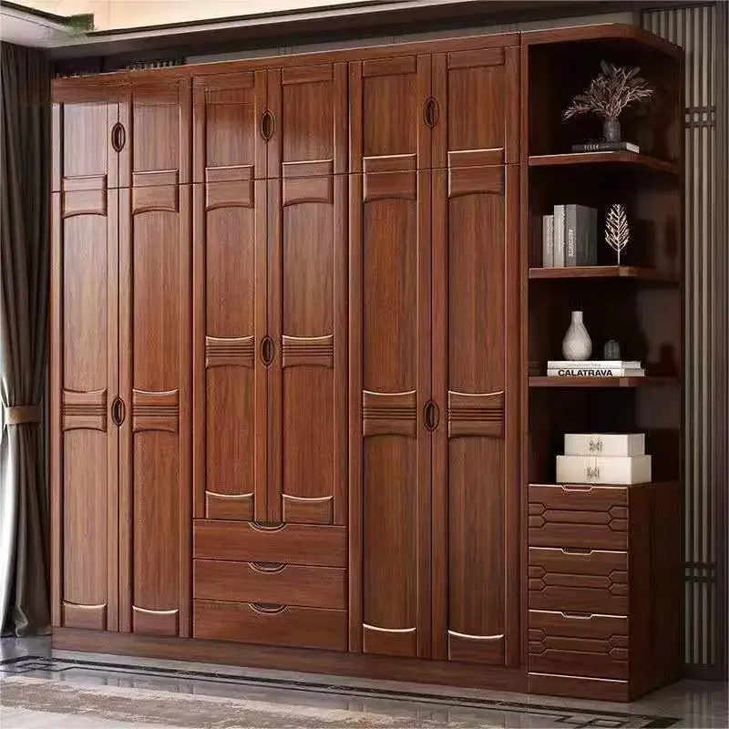 New Chinese plate wardrobe bedroom household walnut sliding door wardrobe small apartment master bedroom large capacity