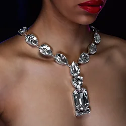 Luxury Big Rhinestone Teardrop Choker Necklace Statement Collar Jewelry for Women Crystal Square Stone Necklace Accessories