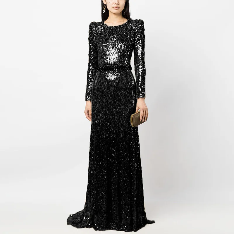 Quality In-Stock  2025 European and American Celebrity Heavy Beading and Rhinestone gold Sequin Long Dress