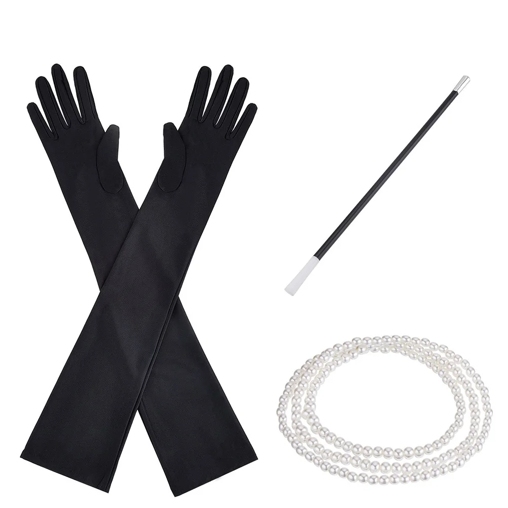 Accessoires de déguisement des années 1920, Long collier de perles, gants noirs, porte-cigarette en plastique, Costume rétro, Costumes des années 1920