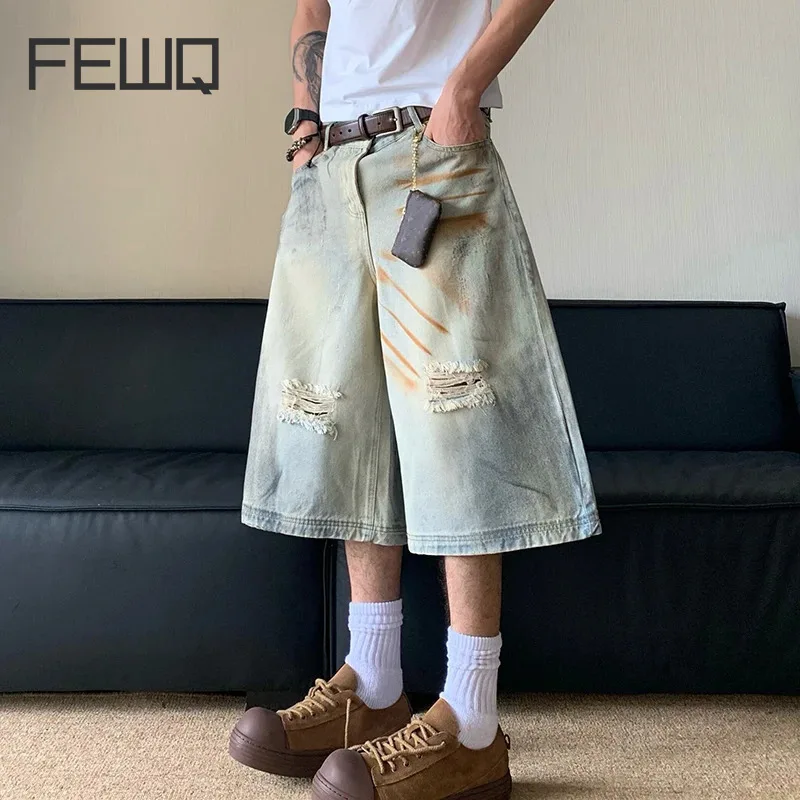 

FEWQ Mud Dyed Washed Worn Out Straight Denim Summer 2024 Vintage Korea Fashion Wide Leg Male Shorts Casual 24E1065