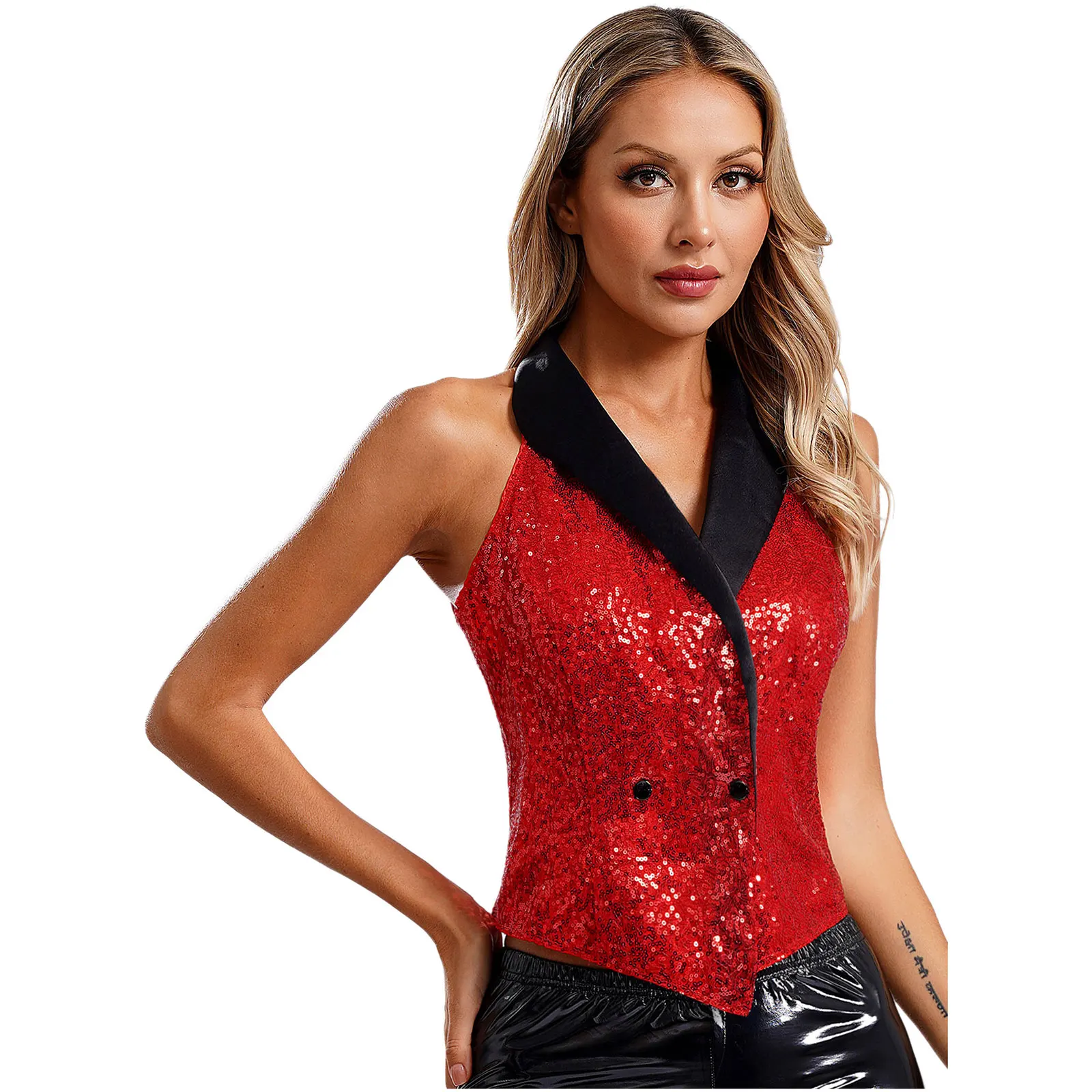 Women\'s Vests V-neck Sleeveless Waistcoat Glitter Sequined Suits Vests Clubwear Rave Music Festival Jazz Dance Party Dressy Tops