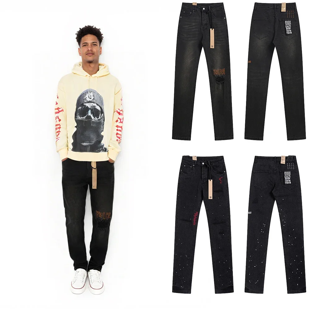 

New Pants Jeans Retro Distressed Printed StreeWear Ripped Jeans HipPop Slim Fit Denim Jeans Straight Trousers Y2k Men's Clothing