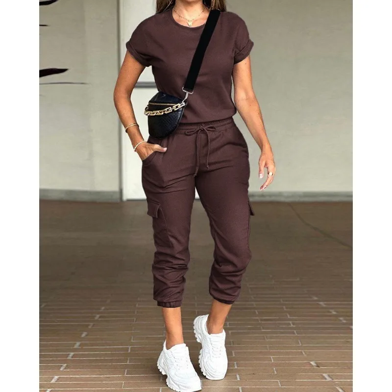 Women Short Sleeve O-Neck T-shirt Top Drawstring Pocket Mid Waist Overalls Suit 2023 Fashion Women Solid Color Loose Sports Suit