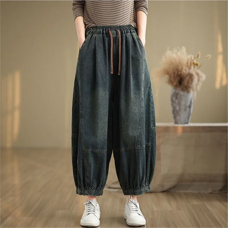 Pantalones vaqueros de diseño de moda para mujer, pantalones de mezclilla Vintage, informales, clásicos, sueltos, con cintura elástica y pierna ancha, otoño