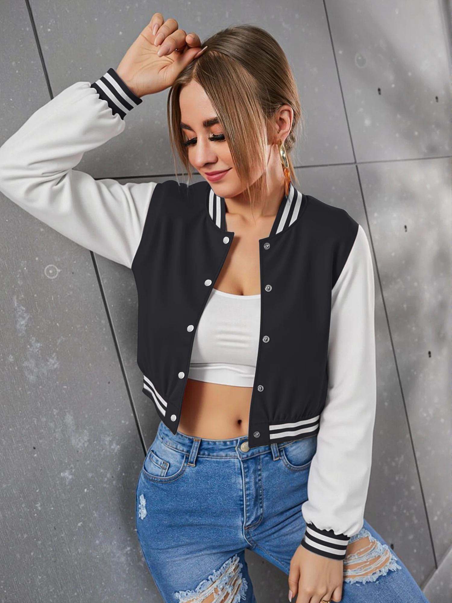 Spring Autumn Women Cropped Varsity Bomber Jacket Color Block Long Sleeve Single Breasted Baseball Fashion Outer Coat