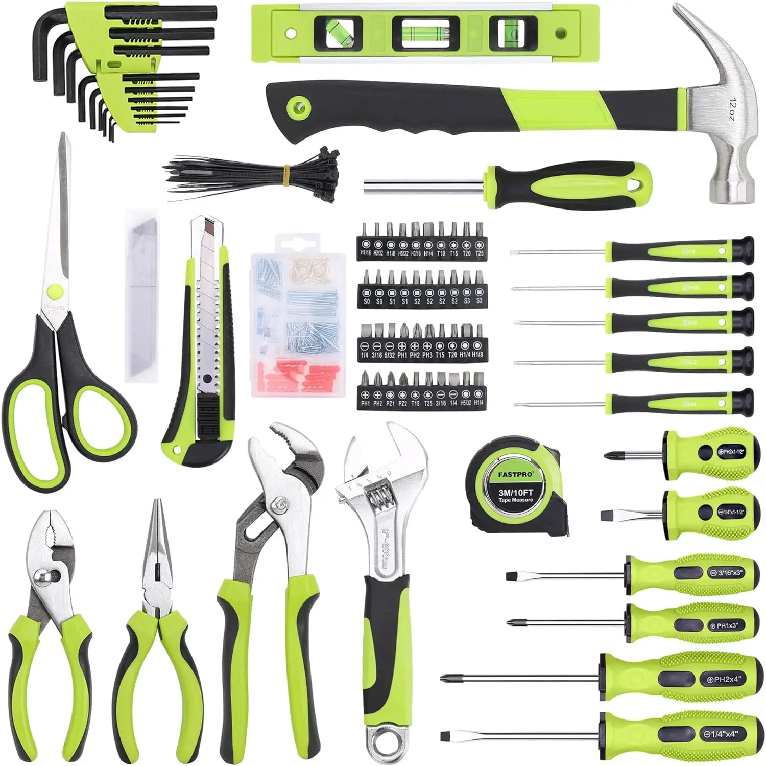 220-Piece Home Tool Set, Household Repairing Tool Kit, with 12-Inch Wide Mouth Open Storage Tool Bag, Green Hand Tools