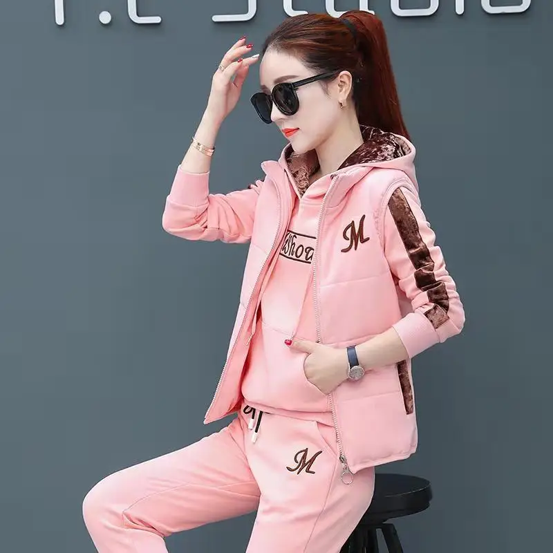 Women 3 Three Pieces Sets Autumn Winter Sweat Suit Sports Suit Hooded Jacket Trouser Vest Fleece Thickened Woman Clothing Trend