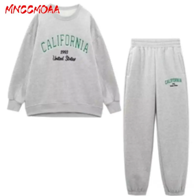 MNCCMOAA-Conjunto de pantalones y Sudadera con cuello redondo para mujer, manga larga, estampado suelto, cintura alta informal, moda femenina, Otoño, 2024