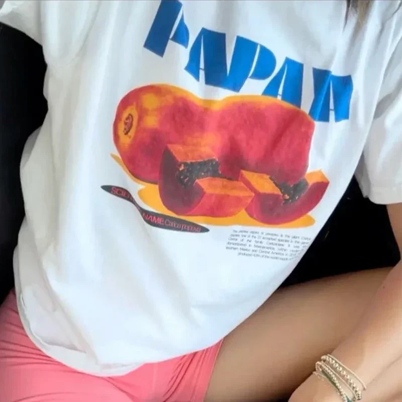 Papaya Print Retro Style T Shirt Women Summer Cute Aesthetic Fruit T-Shirts Loose Grunge Streetwear Tops Unisex Vintage Clothes