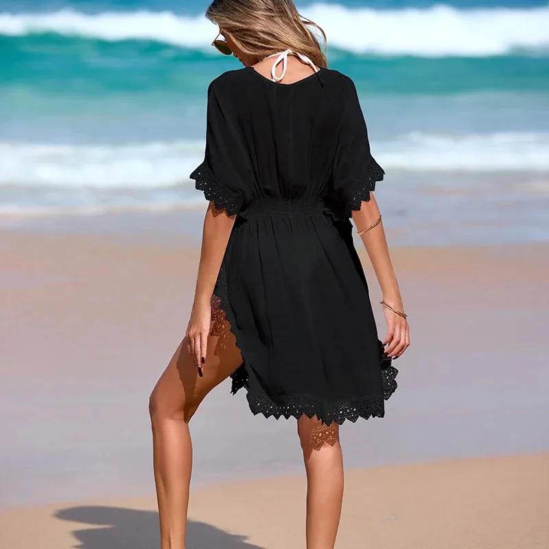 Women Summer Beach Dress V Neck Lace Trim Waist Cinching Casual Fitted Hollow Out Maxi Dress for Vacation Seaside Party