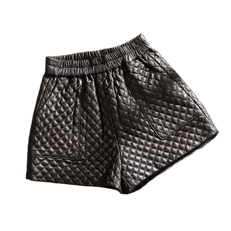 Genuine Leather Shorts Women's Clothing 2024 Elastic High Waist Shorts Wide Leg Short Rhombus Cotton Sheepskin Shorts Fashion