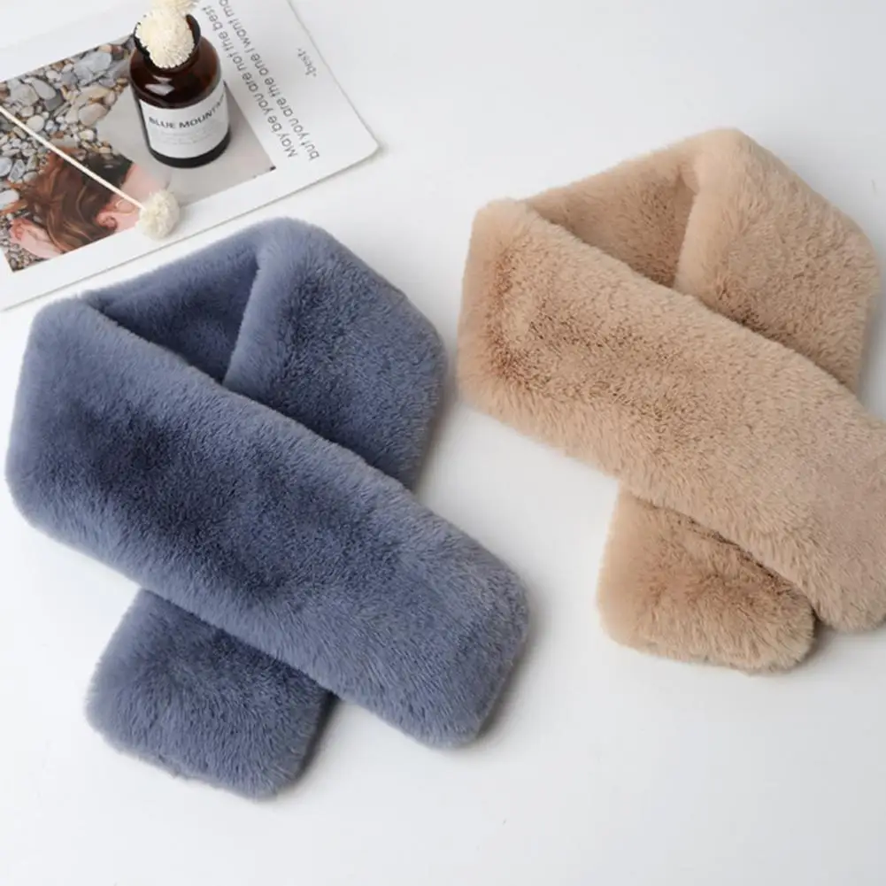 Double-sided Plush Cross Scarf Faux Rabbit Fur Thickened Wrap Scarf Autumn Winter Women Neck Warmer Collar Scarf Thermal Scarf