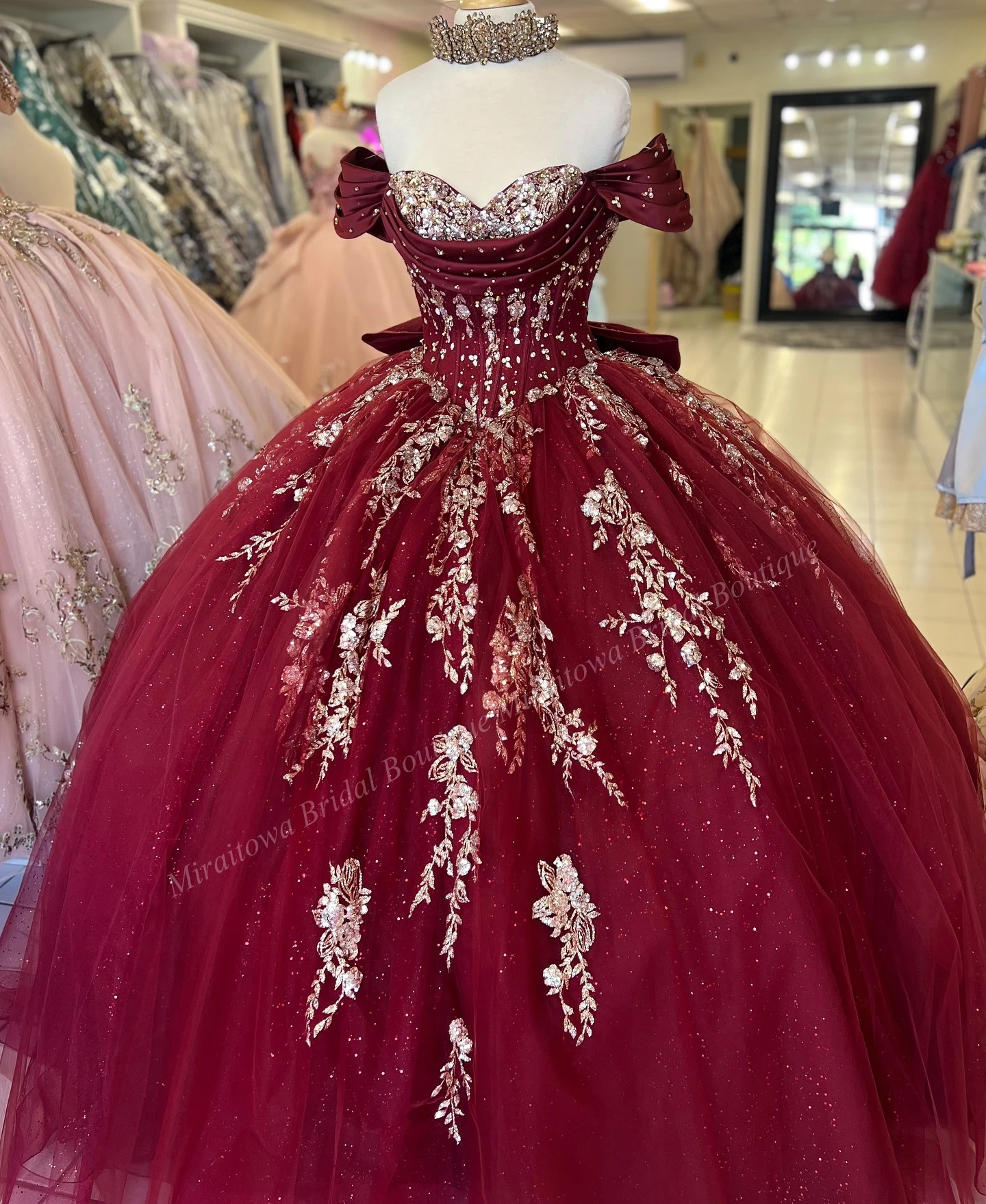 Glitter Tulle Quinceanera Dress Bow Emerald Quince Ballgown Corset Sweet 15/16 Birthday Party Gown Vestidos De 15 Ano Burgundy