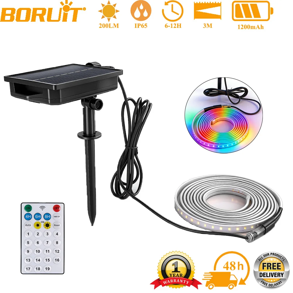 BORUiT Solar Neon Light 19 modes IP65 Waterproof 5M Neon LED Strip Solar Lamp Dimmable Remote Control Outdoor Garden Decoration