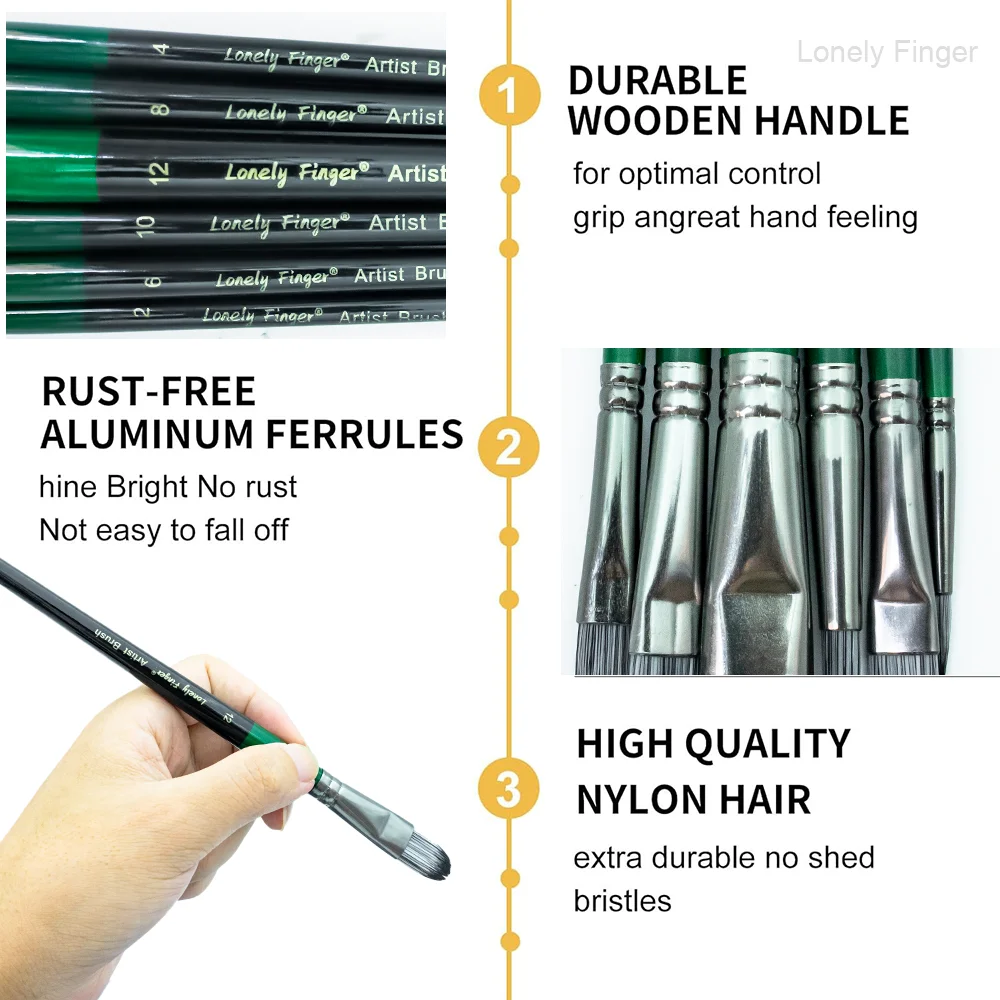 Set di pennelli 6 pezzi per pittura artistica in nylon flessibile per pittura ad olio e viso a guazzo ad acquerello acrilico