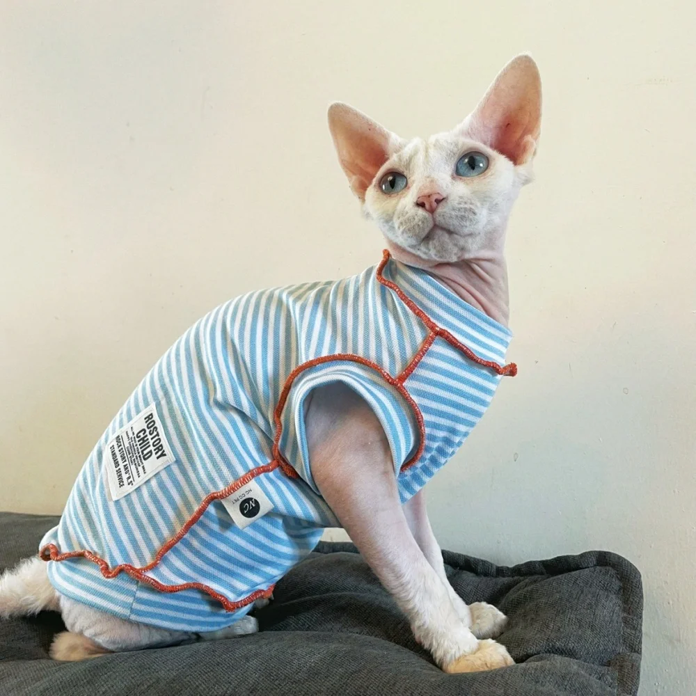Blue Striped Short Sleeves T-shirt for Male Cats in Spring Cotton Sweet Summer Jumpsuit for Devon Rex Summer Vest for Sphynx Cat