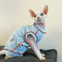 Blue Striped Short Sleeves T-shirt for Male Cats in Spring Cotton Sweet Summer Jumpsuit for Devon Rex Summer Vest for Sphynx Cat